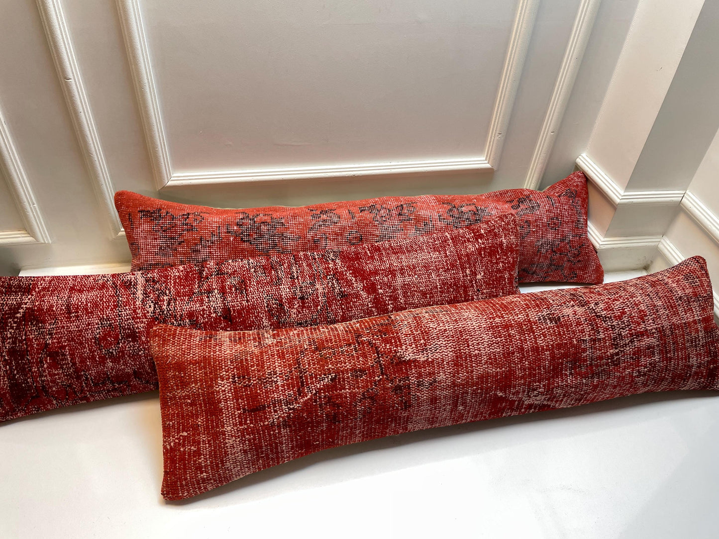 Red Turkish Kilim Lumbar Pillow Set – Upcycled Boho Rug Cushions, 12x48
