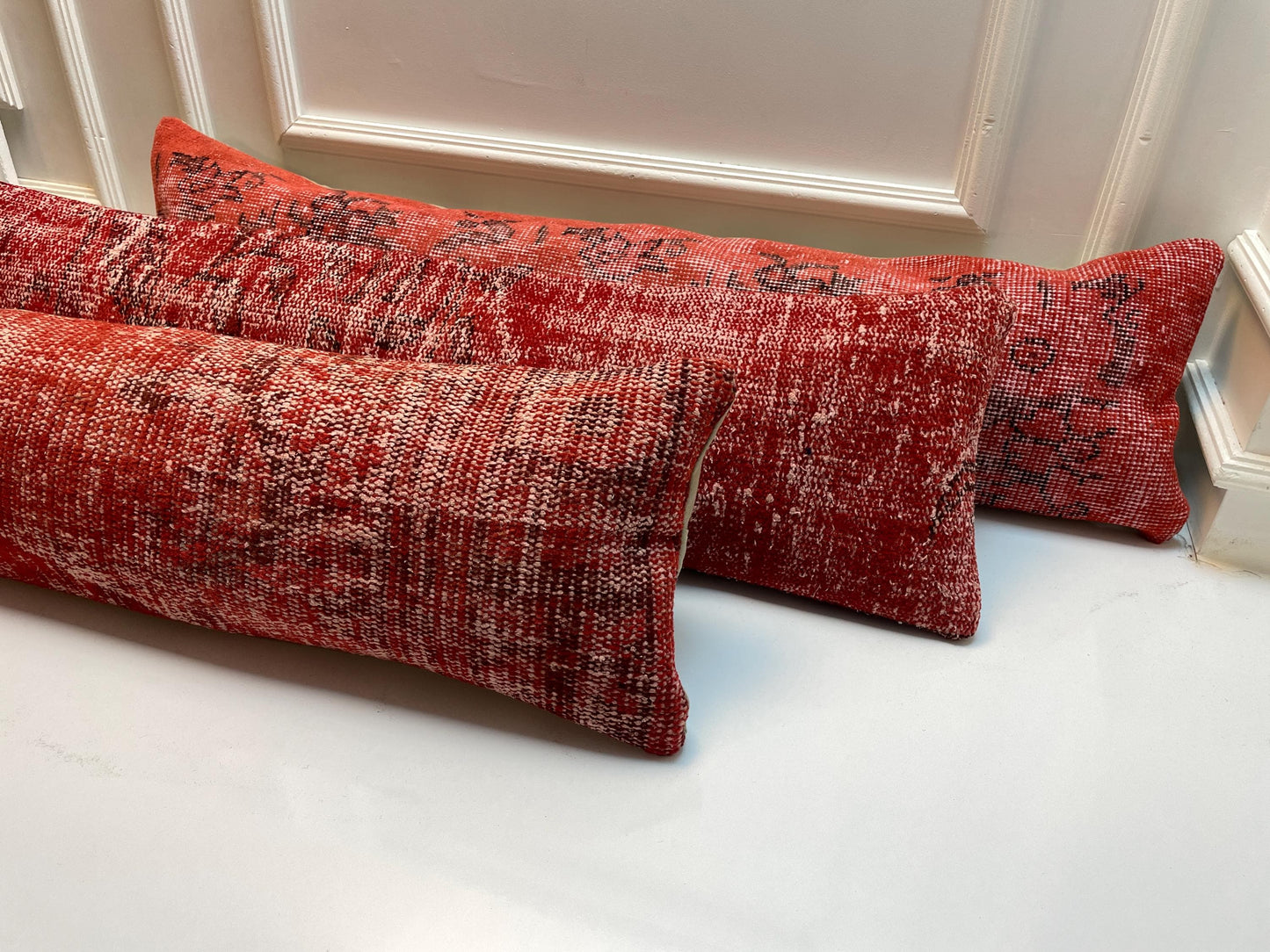 Red Turkish Kilim Lumbar Pillow Set – Upcycled Boho Rug Cushions, 12x48
