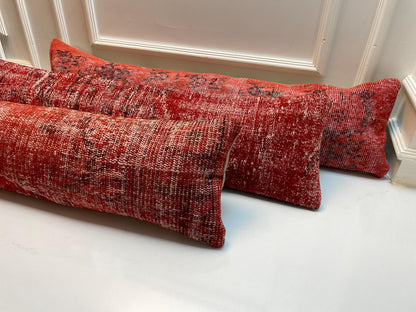 Red Turkish Kilim Lumbar Pillow Set – Upcycled Boho Rug Cushions, 12x48