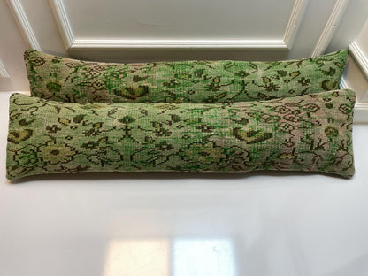 Set of 2 -Vintage Turkish Kilim Lumbar Pillow Set – Green Boho Rug Cushions (12x48)