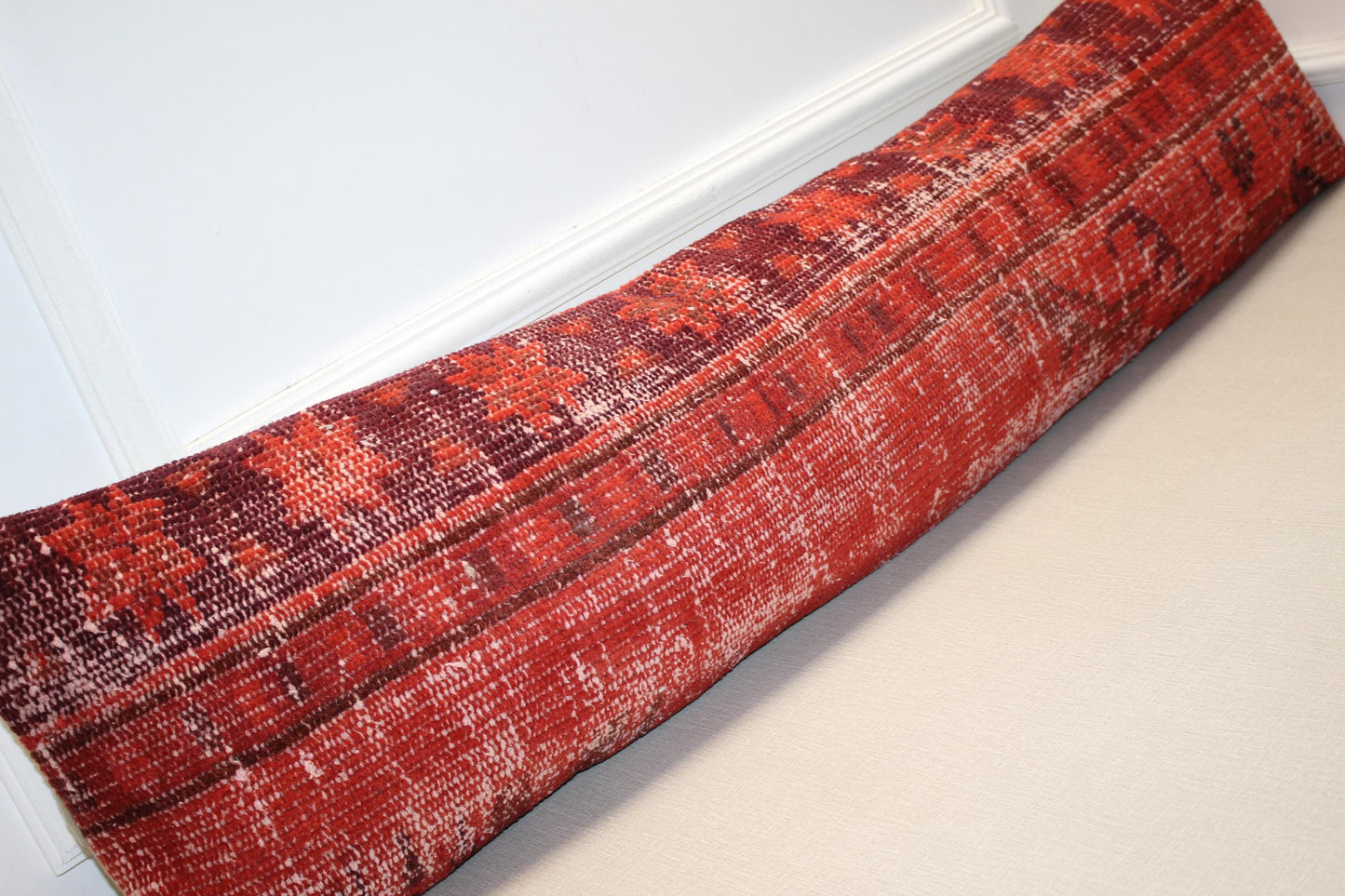 Red Turkish Kilim Lumbar Pillow Cover – Upcycled Boho Rug (12x48)
