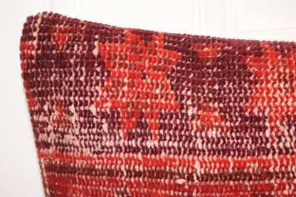Red Turkish Kilim Lumbar Pillow Cover – Upcycled Boho Rug (12x48)