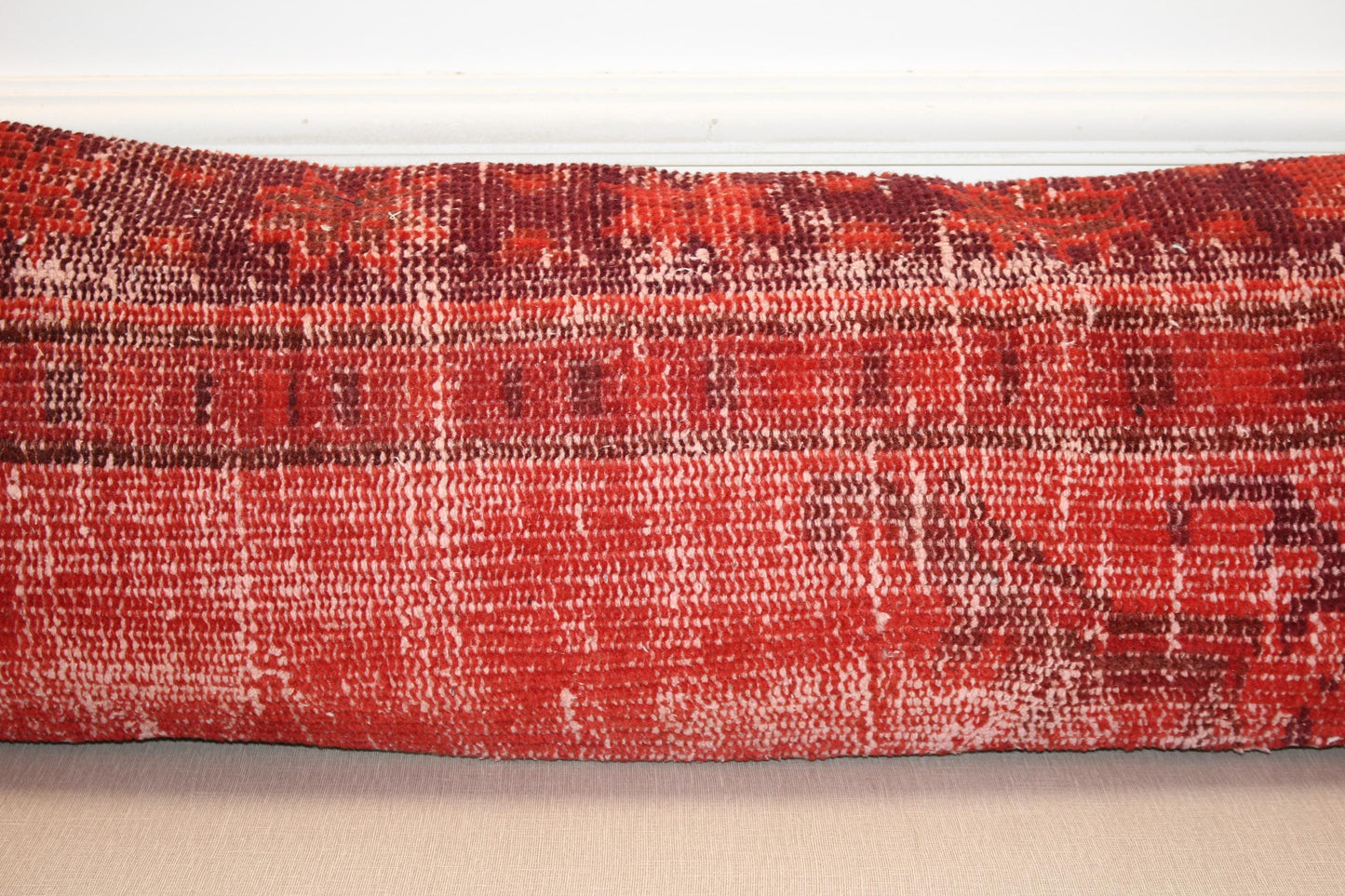 Red Turkish Kilim Lumbar Pillow Cover – Upcycled Boho Rug (12x48)