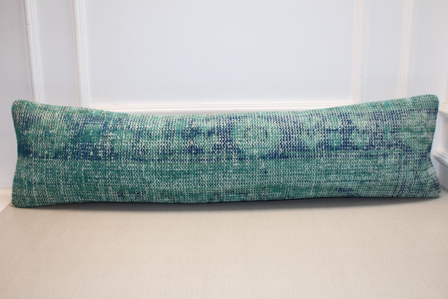 Turquoise Kilim Lumbar Pillow Cover – Upcycled Woven Rug, Boho (12x48)