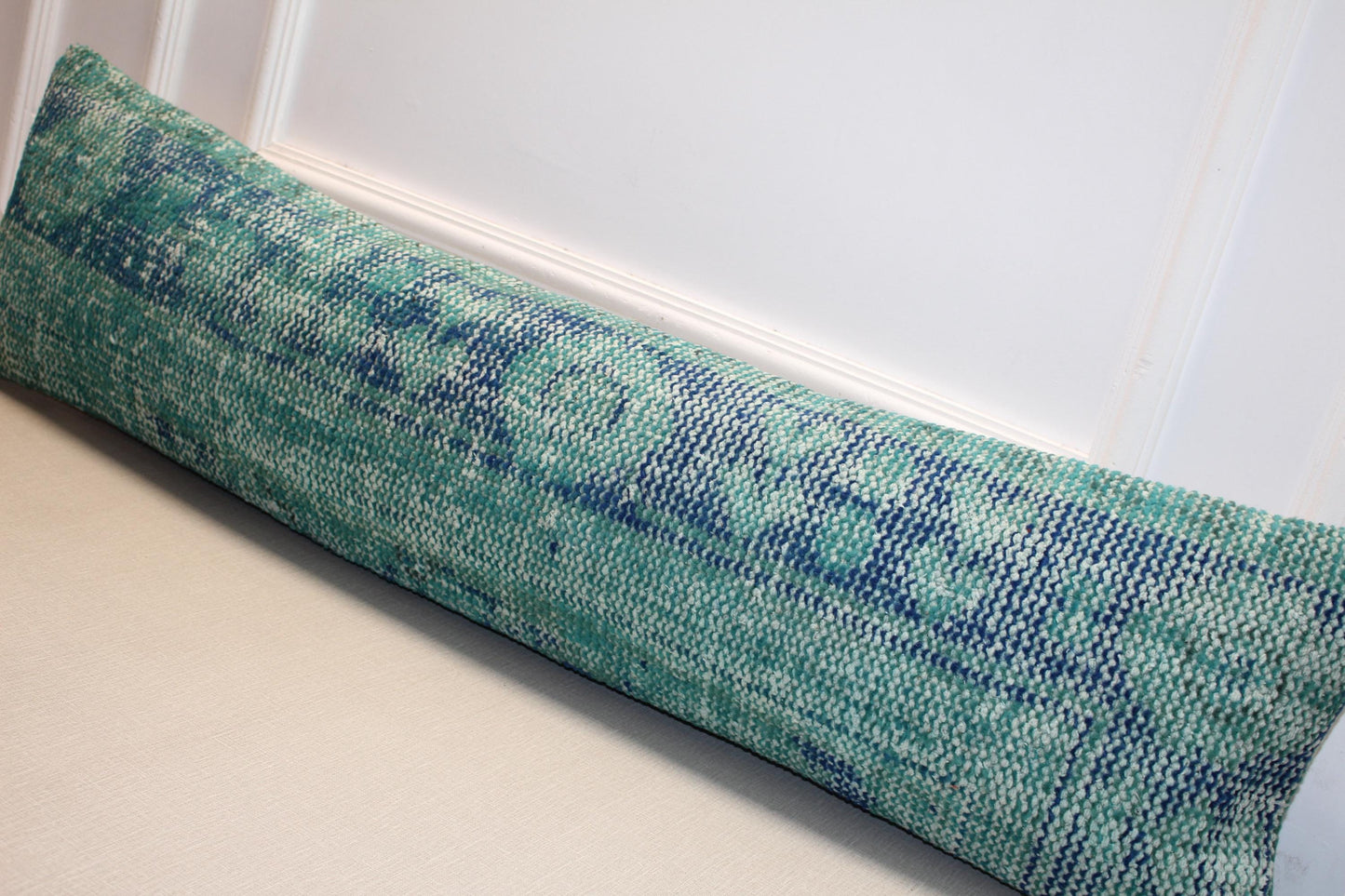 Turquoise Kilim Lumbar Pillow Cover – Upcycled Woven Rug, Boho (12x48)