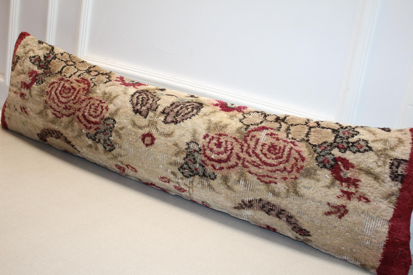 Floral Kilim Lumbar Pillow Cover – Cream & Red Vintage Turkish Rug (12x48)