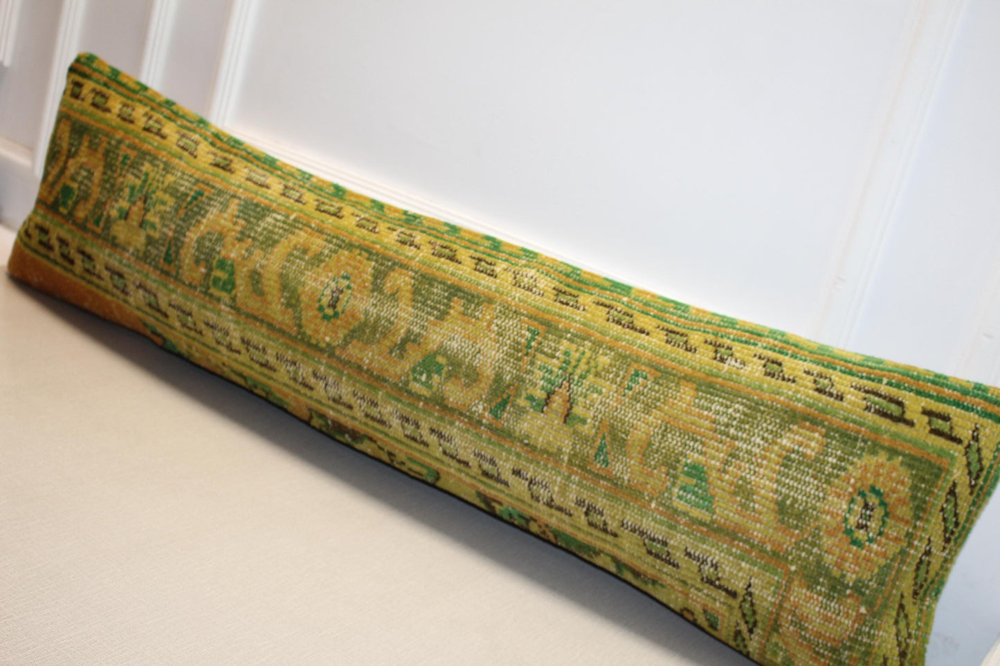Vintage Turkish Kilim Lumbar Pillow Cover – Yellow Green Boho Rug Cushion (12x48)