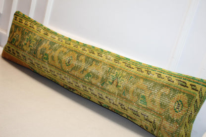 Vintage Turkish Kilim Lumbar Pillow Cover – Yellow Green Boho Rug Cushion (12x48)