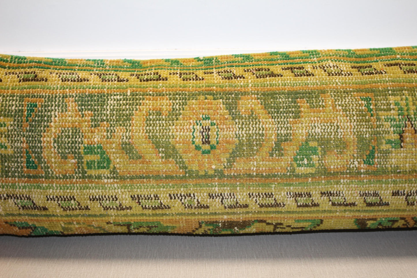 Vintage Turkish Kilim Lumbar Pillow Cover – Yellow Green Boho Rug Cushion (12x48)