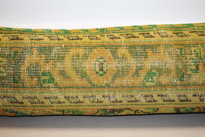 Vintage Turkish Kilim Lumbar Pillow Cover – Yellow Green Boho Rug Cushion (12x48)