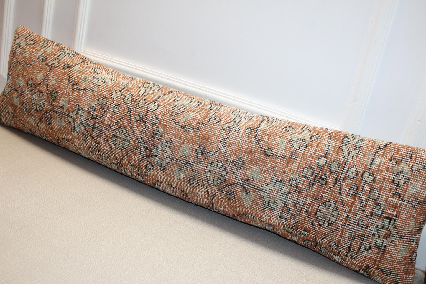 Vintage Turkish Kilim Lumbar Pillow Cover – Boho Floral Rug Cushion (12x48)