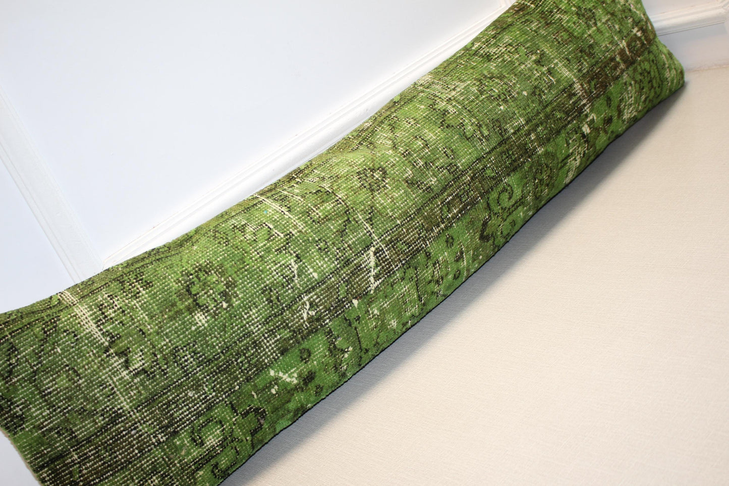 Handmade Green Turkish Kilim Lumbar Pillow Cover – Upcycled Rug, Boho Cushion (12x48)