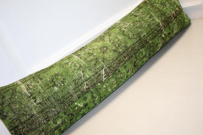 Handmade Green Turkish Kilim Lumbar Pillow Cover – Upcycled Rug, Boho Cushion (12x48)