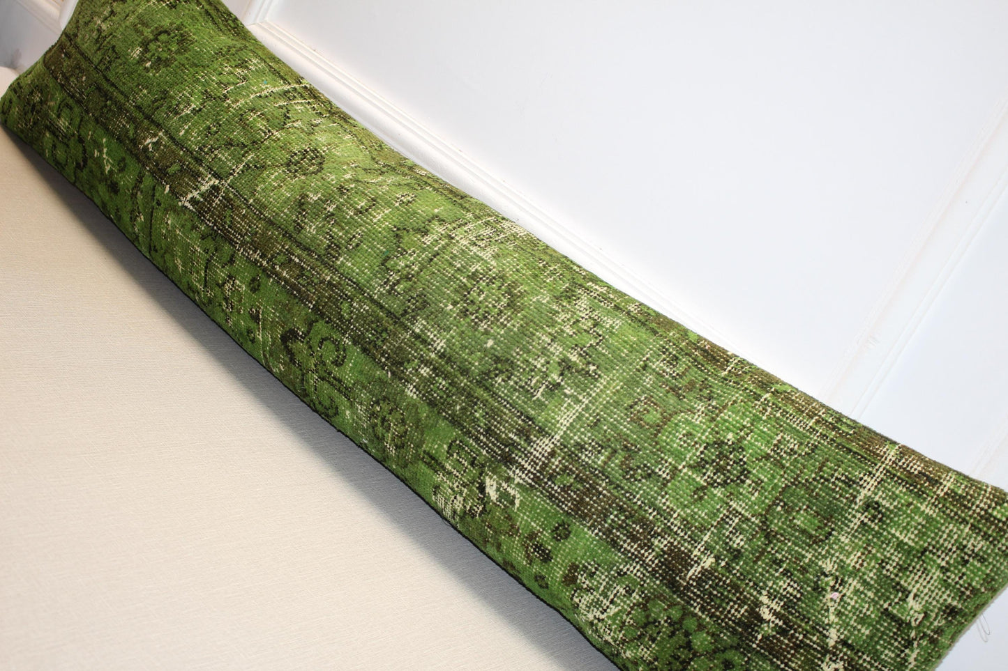 Handmade Green Turkish Kilim Lumbar Pillow Cover – Upcycled Rug, Boho Cushion (12x48)