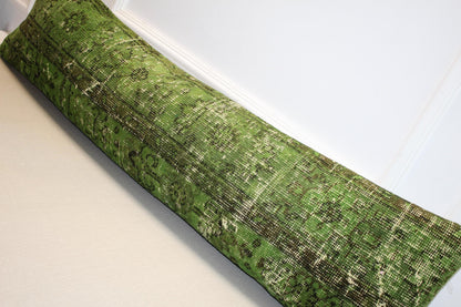 Handmade Green Turkish Kilim Lumbar Pillow Cover – Upcycled Rug, Boho Cushion (12x48)