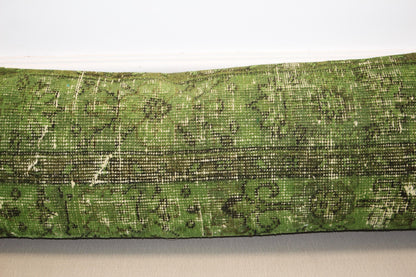 Handmade Green Turkish Kilim Lumbar Pillow Cover – Upcycled Rug, Boho Cushion (12x48)