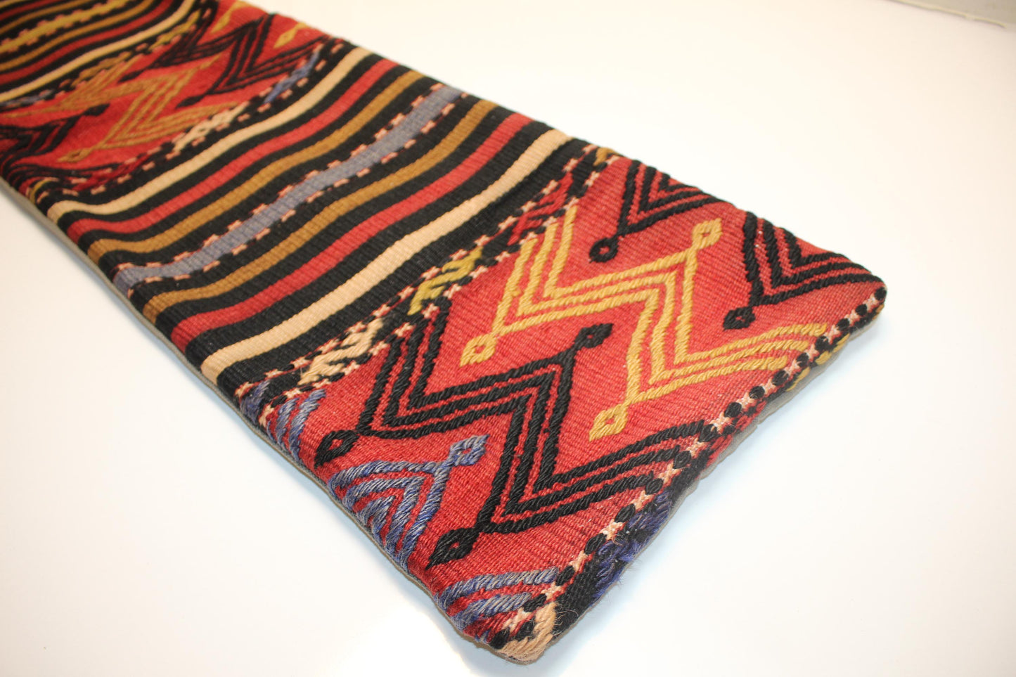 Vibrant Red Tribal Chevron & Stripe Wool Textile, Handmade Boho Rug