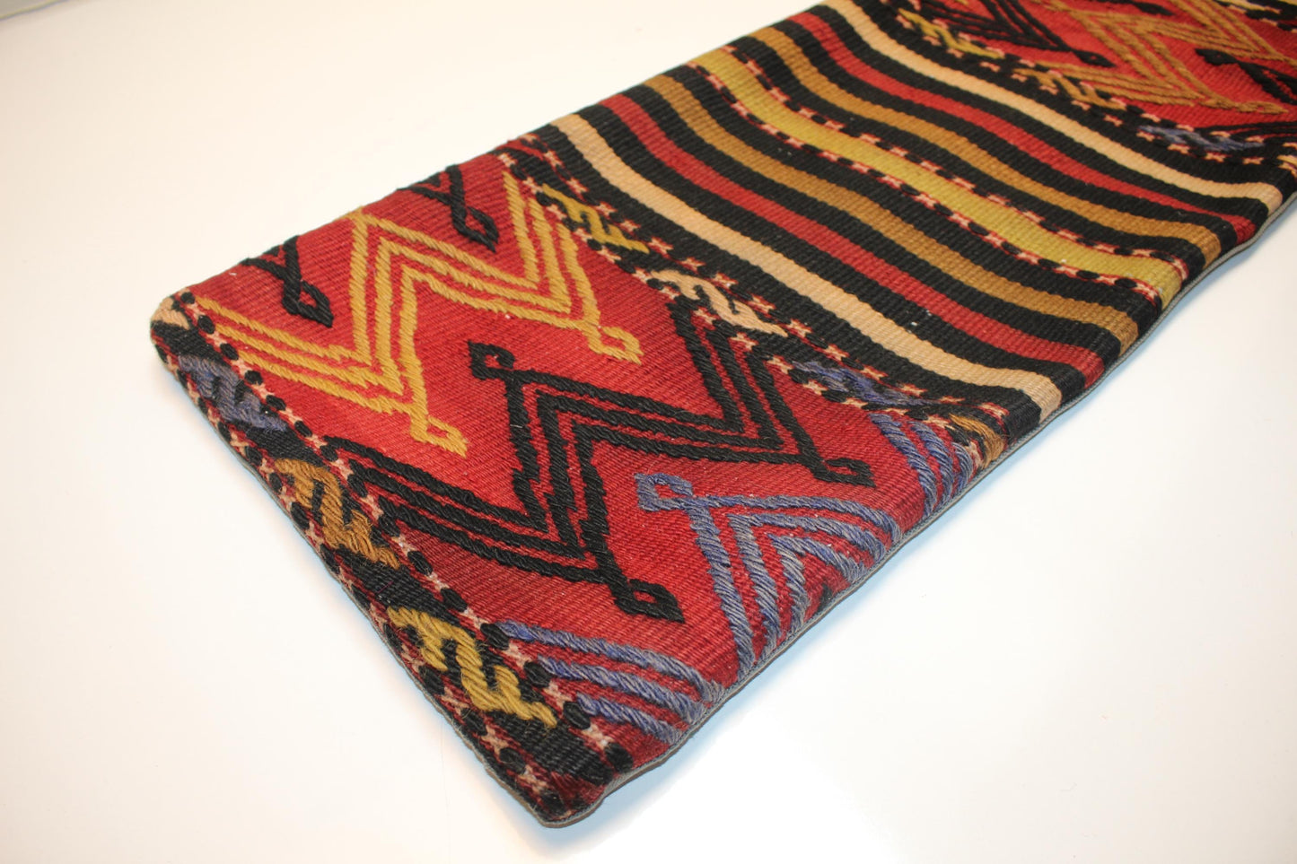Vibrant Red Tribal Chevron & Stripe Wool Textile, Handmade Boho Rug