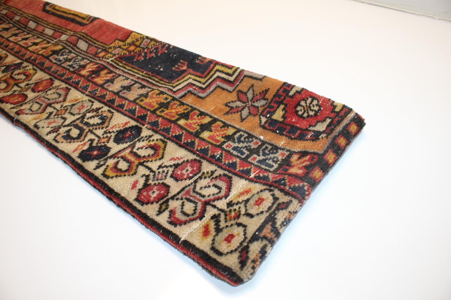 Burgundy & Navy Anatolian Floral Border Pattern, Handmade Wool Rug Textile