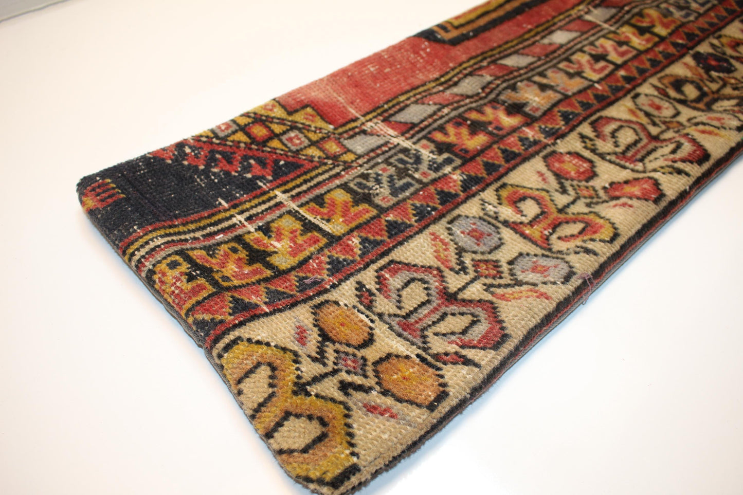 Burgundy & Navy Anatolian Floral Border Pattern, Handmade Wool Rug Textile