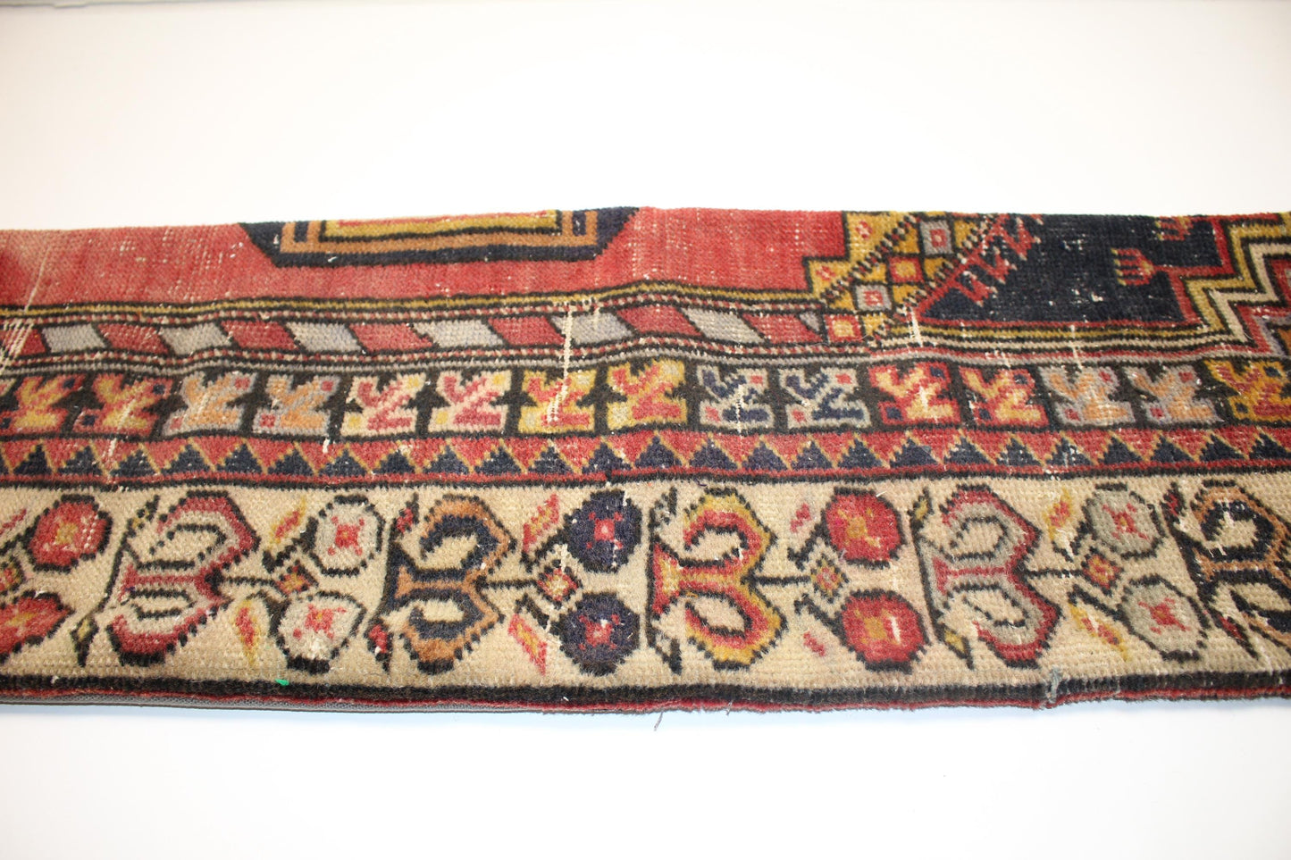 Burgundy & Navy Anatolian Floral Border Pattern, Handmade Wool Rug Textile