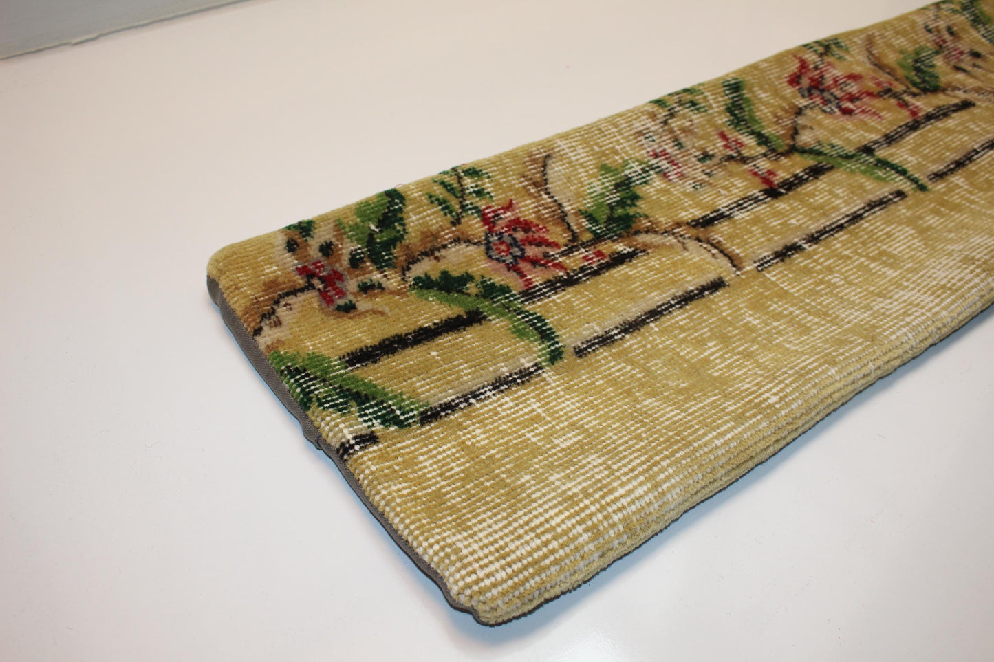 Soft Yellow Floral Vine Pattern with Pastel Accents, Handmade Wool Rug Textile