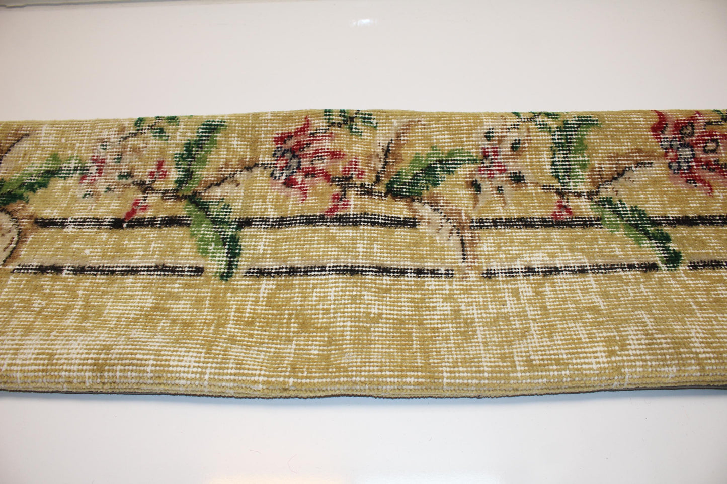 Soft Yellow Floral Vine Pattern with Pastel Accents, Handmade Wool Rug Textile