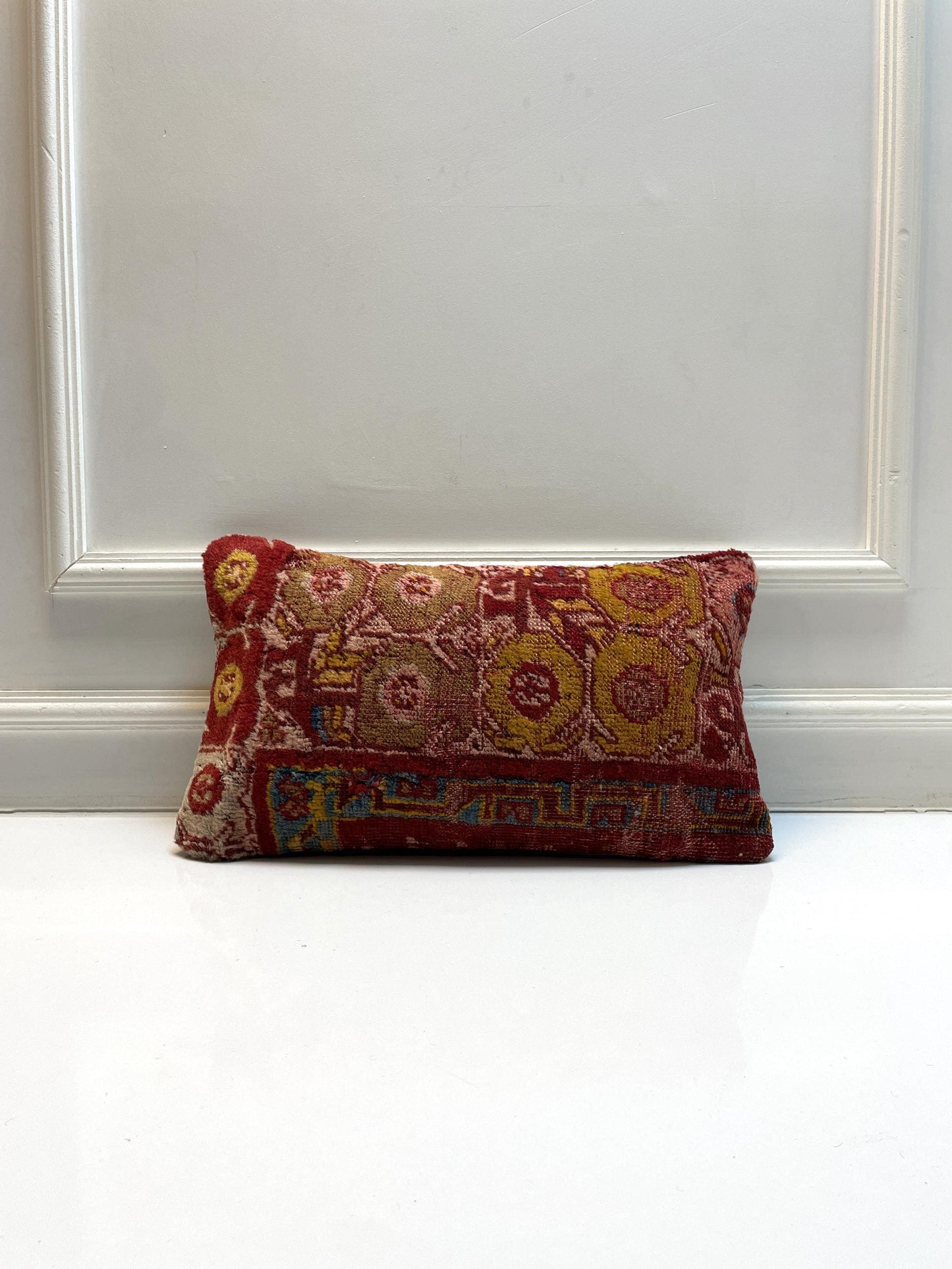 Handmade Red Wool Kilim Pillow Cover, Oriental Rug Cushion (12x20 in)