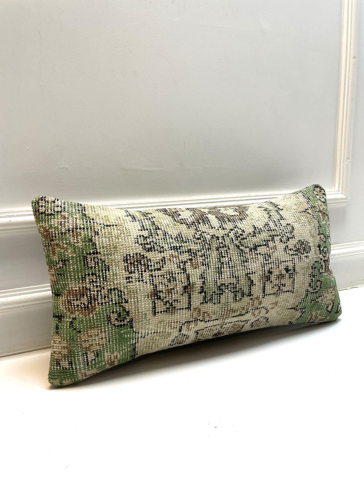 Vintage Beige & Olive Rug Texture, Distressed Wool Cushion for Boho Farmhouse