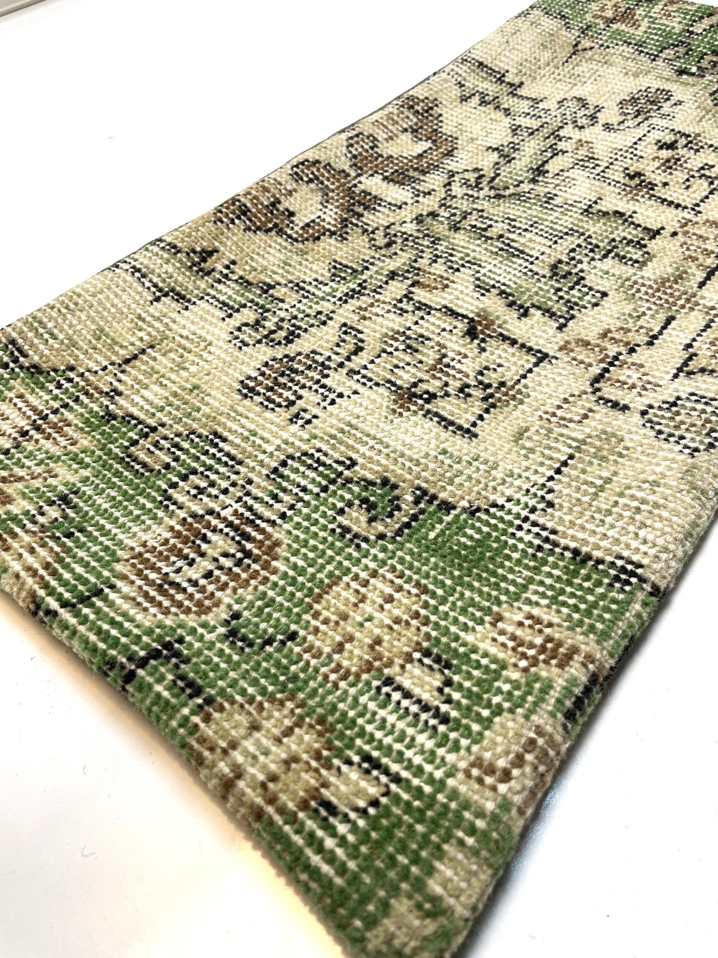 Vintage Beige & Olive Rug Texture, Distressed Wool Cushion for Boho Farmhouse