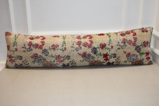 Vintage Turkish Rug Lumbar Pillow Cover – Floral Woven Kilim Cushion, Neutral Beige Boho Decor