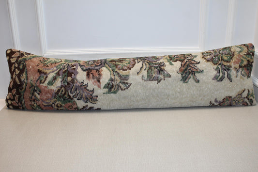 Vintage Turkish Rug Lumbar Pillow Cover – Sage Green Kilim, Boho Decor (12x48 in)