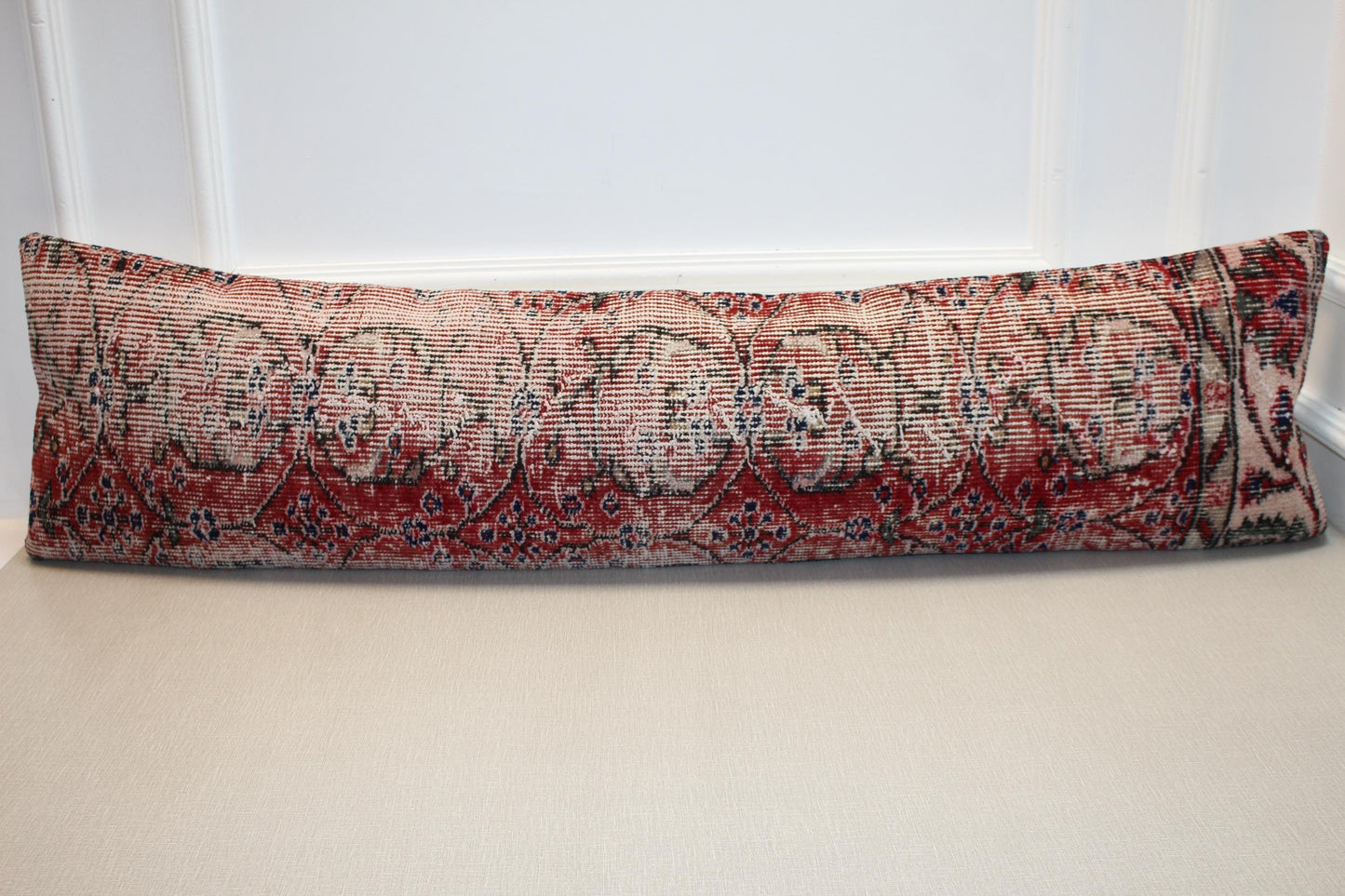 Vintage Turkish Kilim Lumbar Pillow Cover – Red Beige Boho Cushion