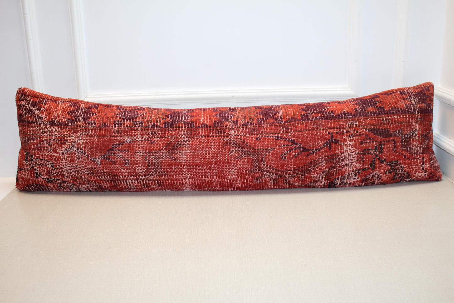 Lumbar Pillow Cover – Distressed Red & Maroon Kilim Long Cushion, Boho Decorative Sofa Pillow