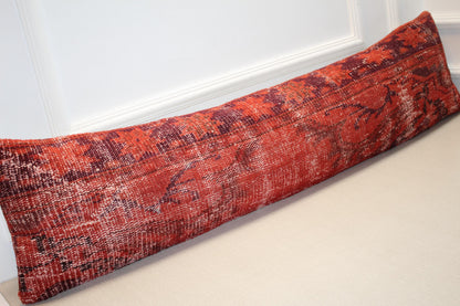 Lumbar Pillow Cover – Distressed Red & Maroon Kilim Long Cushion, Boho Decorative Sofa Pillow