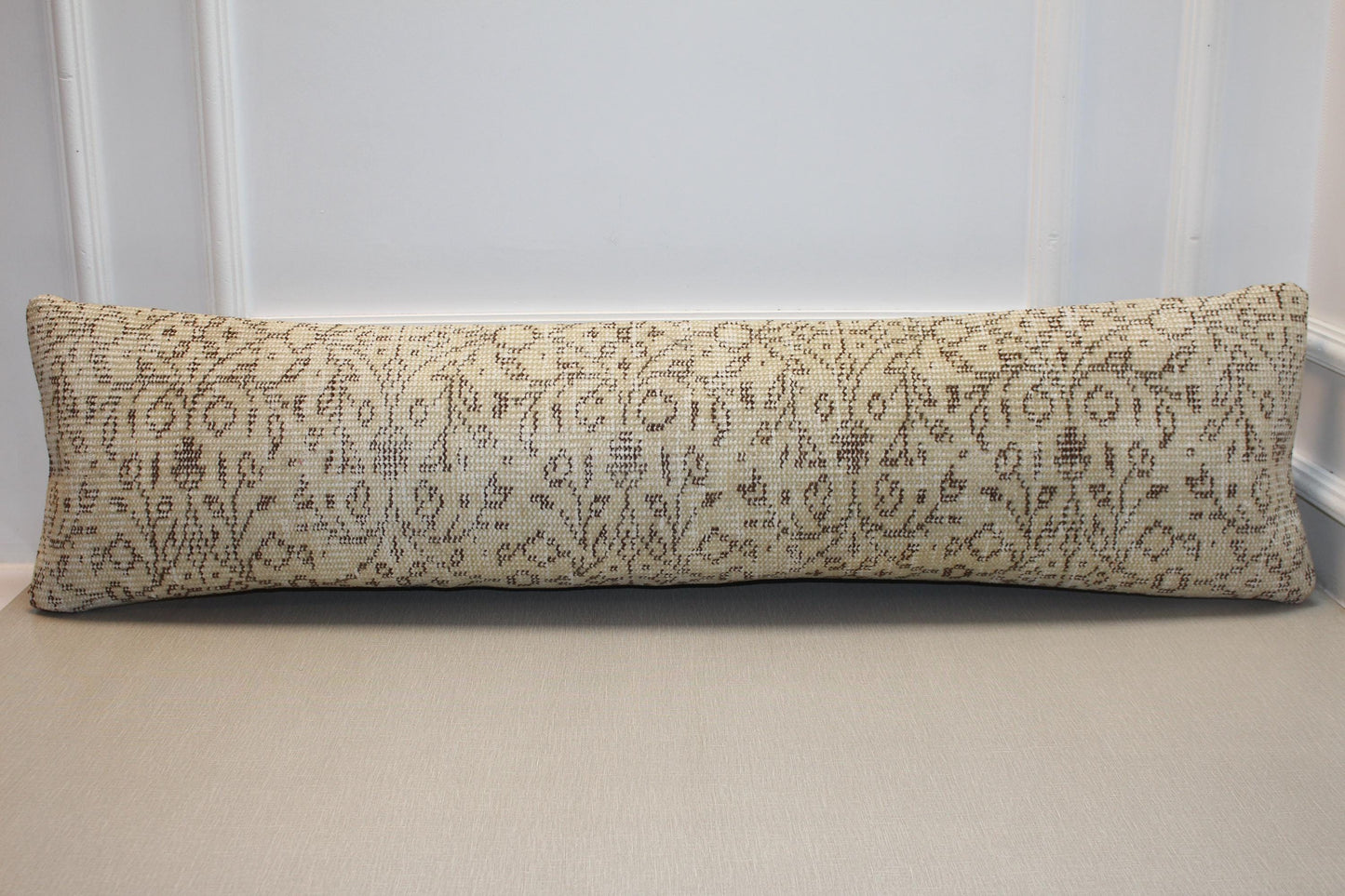 Rug Lumbar Pillow Cover – Beige & Brown Distressed Kilim Pattern Long Cushion, Neutral Boho Home Decor