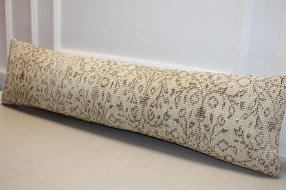Rug Lumbar Pillow Cover – Beige & Brown Distressed Kilim Pattern Long Cushion, Neutral Boho Home Decor