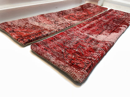 Set of 2-Vintage Turkish Rug Pillow  – Distressed Red Kilim Lumbar Cushion Pair