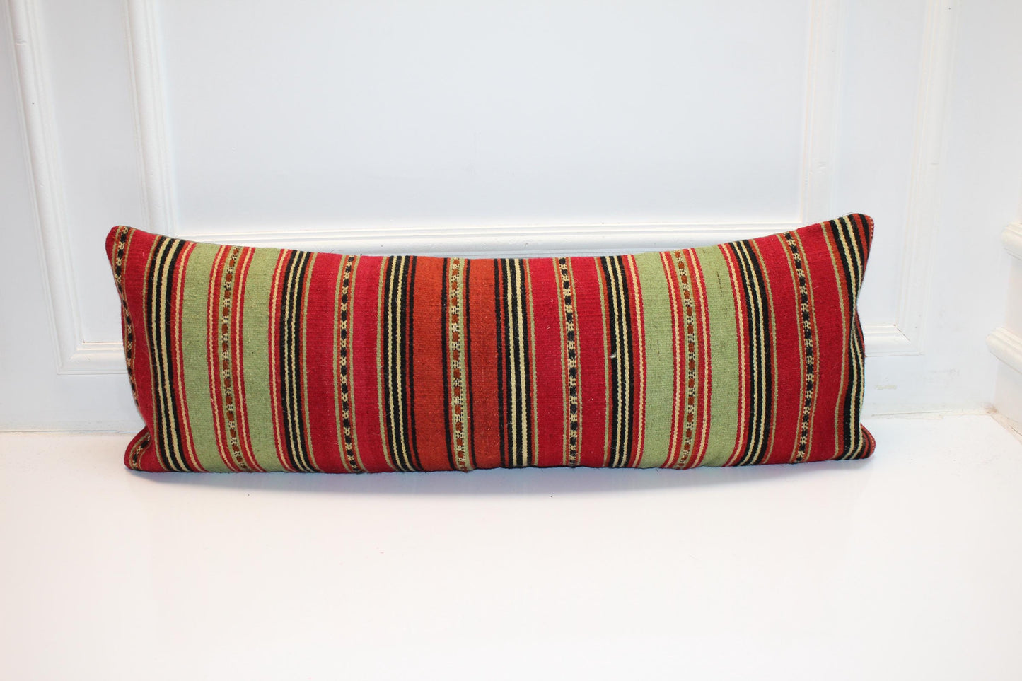 Vintage Turkish Lumbar Pillow – Red & Green Kilim Cushion Cover (12x36 in)