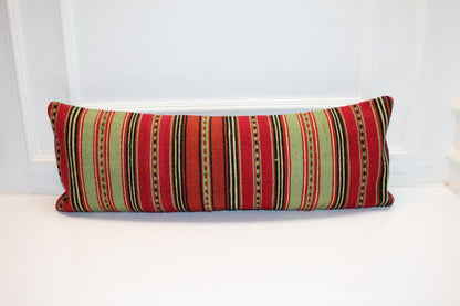 Vintage Turkish Lumbar Pillow – Red & Green Kilim Cushion Cover (12x36 in)