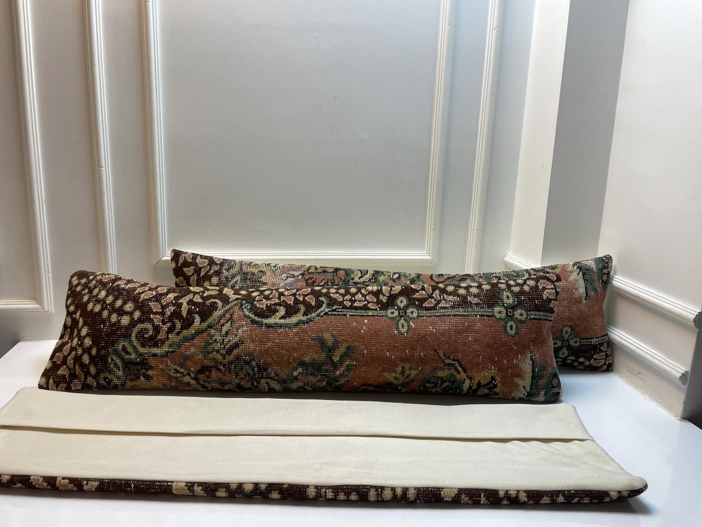 Vintage Turkish Kilim Lumbar Pillow Cover Set – Boho Brown Green, (12x48)