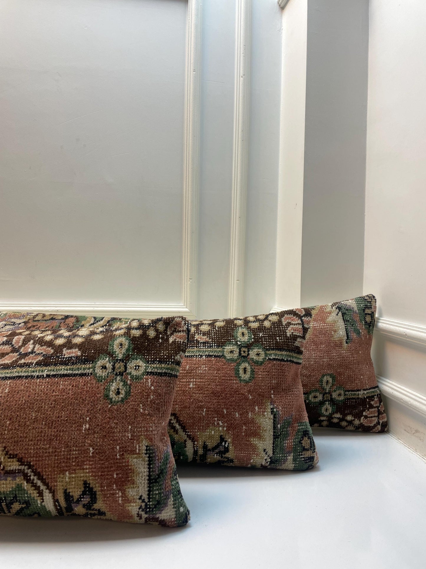 Vintage Turkish Kilim Lumbar Pillow Cover Set – Boho Brown Green, (12x48)