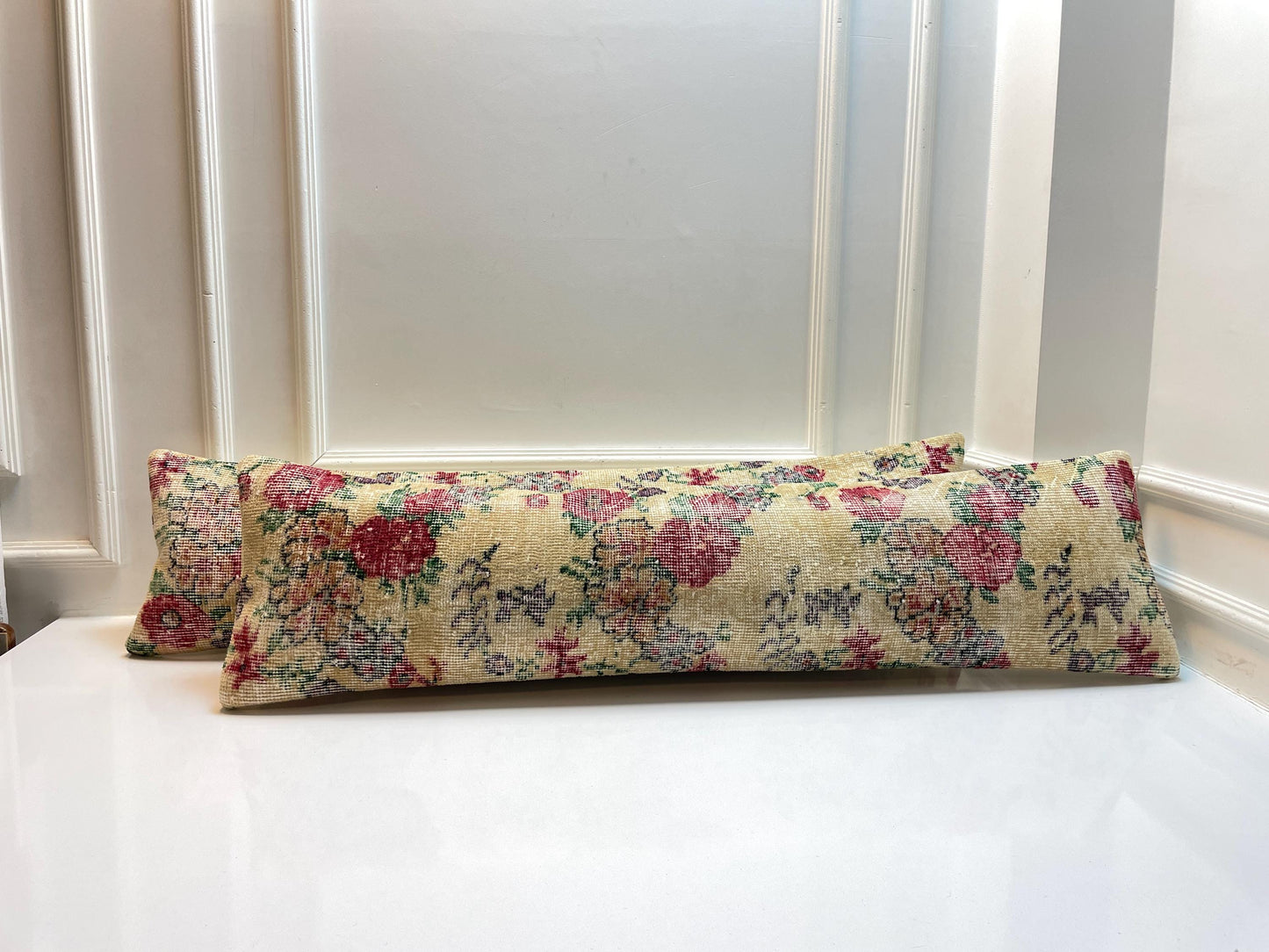 Floral Kilim Lumbar Pillow Cover Set of 2 – Vintage Turkish Rug, 12x48 Inch