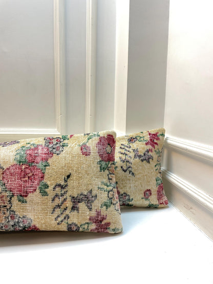 Floral Kilim Lumbar Pillow Cover Set of 2 – Vintage Turkish Rug, 12x48 Inch