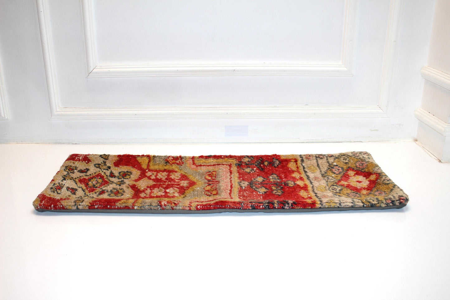 Vintage Turkish Kilim Lumbar Pillow | Red Mustard Wool Rug Cushion (12x36 in)