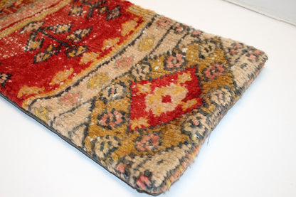 Vintage Turkish Kilim Lumbar Pillow | Red Mustard Wool Rug Cushion (12x36 in)