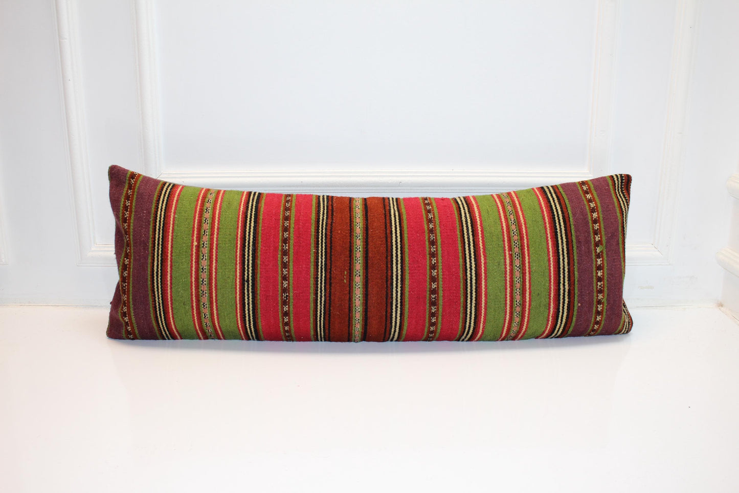 Striped Kilim Lumbar Pillow Cover | Turkish Rug, Woven Wool (12x36 in)
