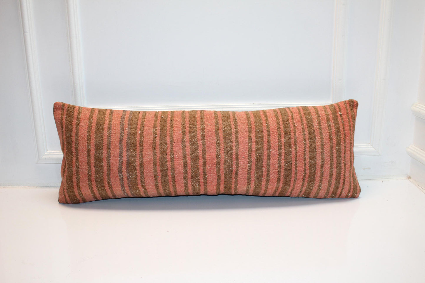 Striped Kilim Lumbar Pillow Cover | Rose Clay & Olive Bench Decor (12x36 in)