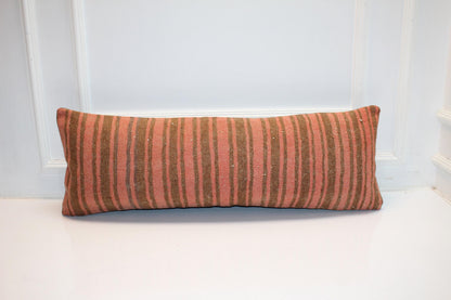 Striped Kilim Lumbar Pillow Cover | Rose Clay & Olive Bench Decor (12x36 in)