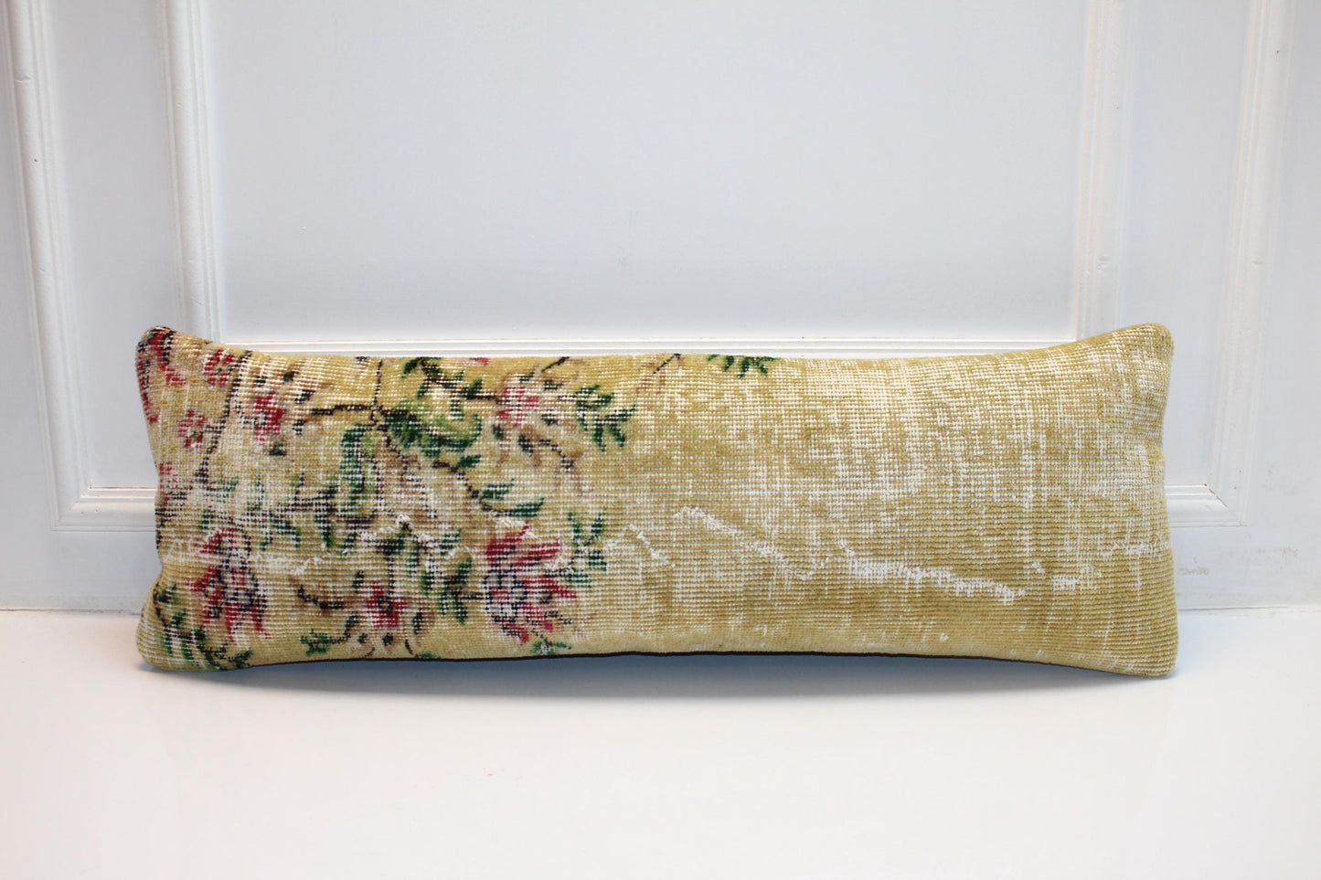 Floral Kilim Lumbar Pillow | Yellow Turkish Rug Cushion (12x36 in)